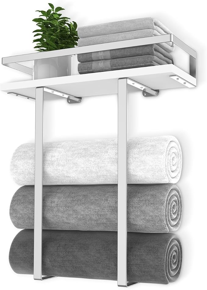 Towel Rack Wall Mounted, Xstydes Metal Towel Holder with Wooden Shelf for Folding Large Towels, Towel Storage for Small Bathroom Organizer Decor or RV Camping, Silver