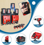 3-in-1 Metal Wall Mount for Milwaukee Charger, Battery and Drill, Battery Holder for 4×M12 & 4×M18 Batteries, Charger Holder for 2x M12-18C/2x M12-18FC/1x M18 DFC Chargers, Power Tool Organizer