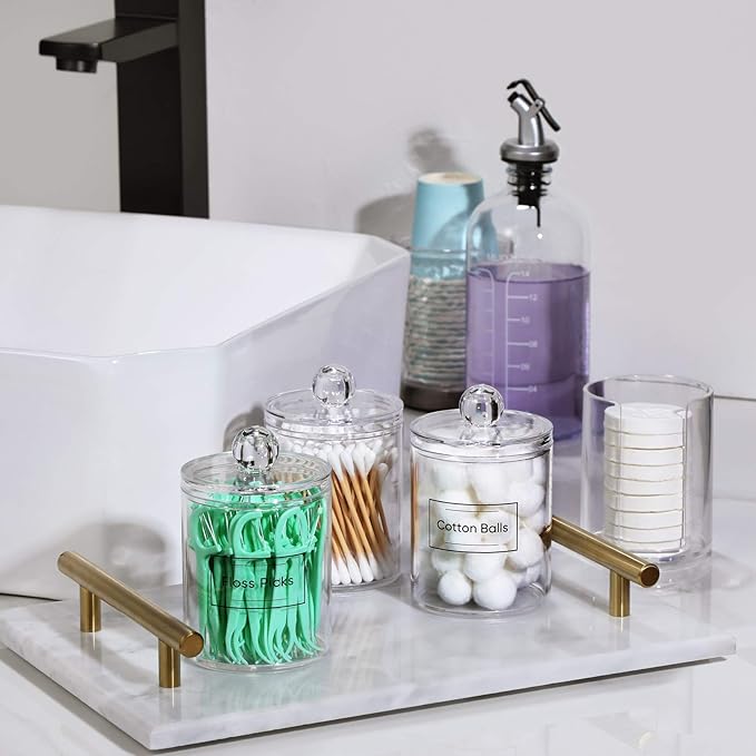 AOZITA 4 Pcs, Acrylic Qtip Holder Dispenser for Cotton Swab, Ball, Round Pads, Floss Picks - Clear Plastic Apothecary Jar Set for Bathroom Canister Storage Organization, Vanity Makeup Organizer