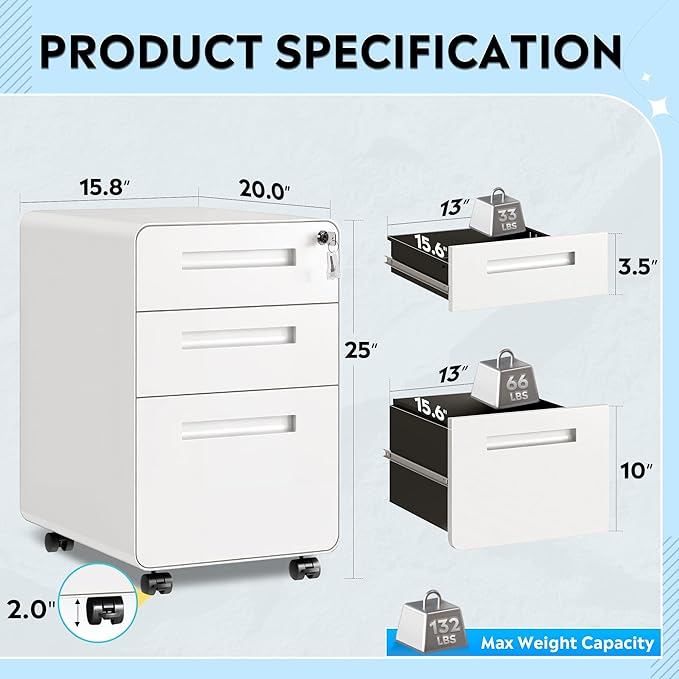 DEVAISE 3-Drawer Metal File Cabinet with Lock, Mobile Filing Cabinet Under Desk for Home Office, Fully Assembled Printer Stand fits Letter/Legal Size, 20" D x 15.8" W x 25" H, White