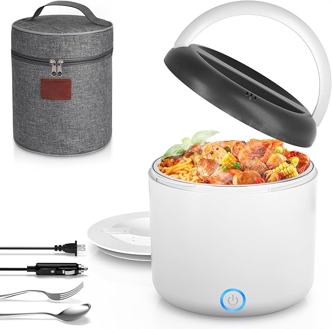 Vingud Electric Lunch Box for Adults, 1.2L/41oz, 100W Fast Heated Lunch Box, 12V/24V/110V Portable Food Heater for Car/Office Work with 304 Stainless Steel Container, White Gray