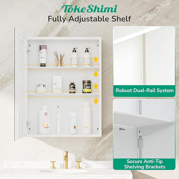 TokeShimi 20 x 26 Recessed Medicine Cabinet with Mirror, Assembly Required, Frameless Medicine Cabinet for Bathroom, Tempered Beveled Mirror, Stepless Adjustable Shelves, DTC Hinge