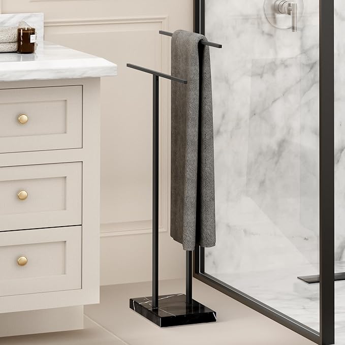KES Standing Towel Rack with Black Natural Marble Base, 2-Tier Towel Rack Stand for Bathroom Floor, Bath Towel Holder Fits Bath Towel & Hand Towel,18/8 Stainless Steel, BTH217-BBK