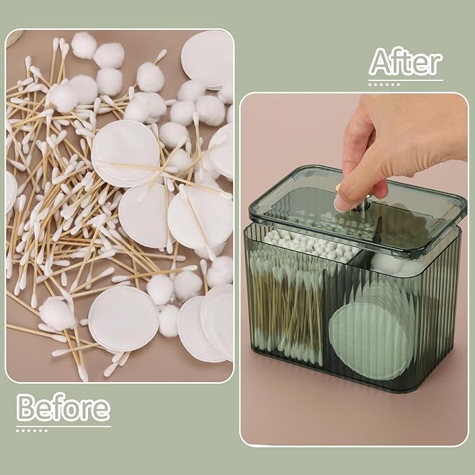 Tbestmax Qtip Holder Dispenser 3-Section Clear Cotton Swab/Pad/Ball Holder Container 3 Grids Bathroom Organizer Jar Cosmetics Storage for Vanity(Green)