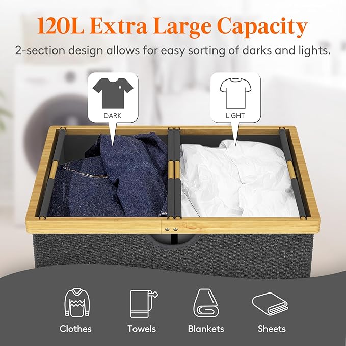 Lifewit 120L Double Laundry Hamper with Lid, Extra Large Bamboo Laundry Basket Dirty Clothes Hamper, 2 Section Laundry Bin Organizer for Laundry Room Bedroom with 2 Removable Liners & Bags, Dark Gray