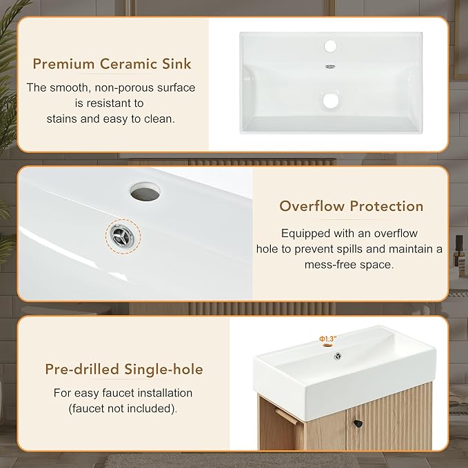 21.6" Small Fluted Bathroom Vanity with Sink,Soft Closing Doors and Storage Shelves,Natural Wood Single Bathroom Sink Cabinet Combo Freestanding, Natural Wood