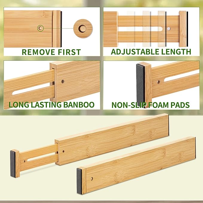 Bamboo Drawer Organizers 4 Pack, 17-22" Adjustable Spring Loaded Dividers for Kitchen Utensils, Silverware, Clothes, Dresser, Bathroom and Office Storage