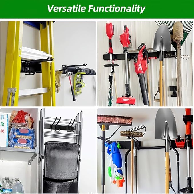 Garage Tool Organizer Wall Mount with 48 inches Rails and 6 Double-layer Hooks, Garden Tool Rack Heavy Duty, Garage Hanging Storage Rack For Yard Tools, Shovel, Shed