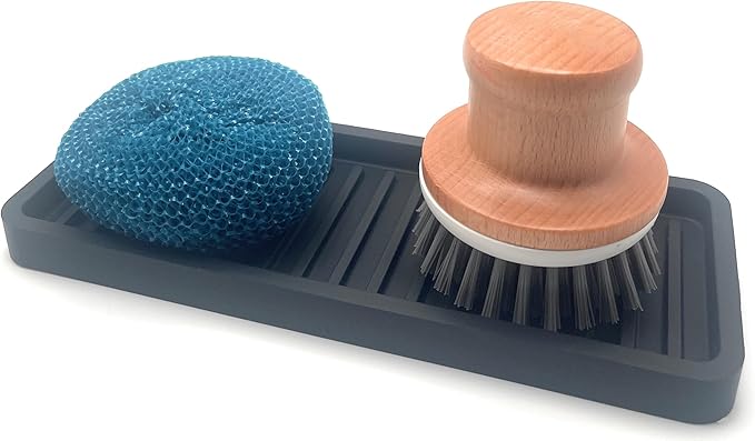 Happitasa Silicone Kitchen Sink Organizer Tray, Sponge Holder and Countertop Protector | Bathroom and Kitchen Soap Dish and Dispenser Tray (Black, 9"x3.5", 5.6 Ounces)