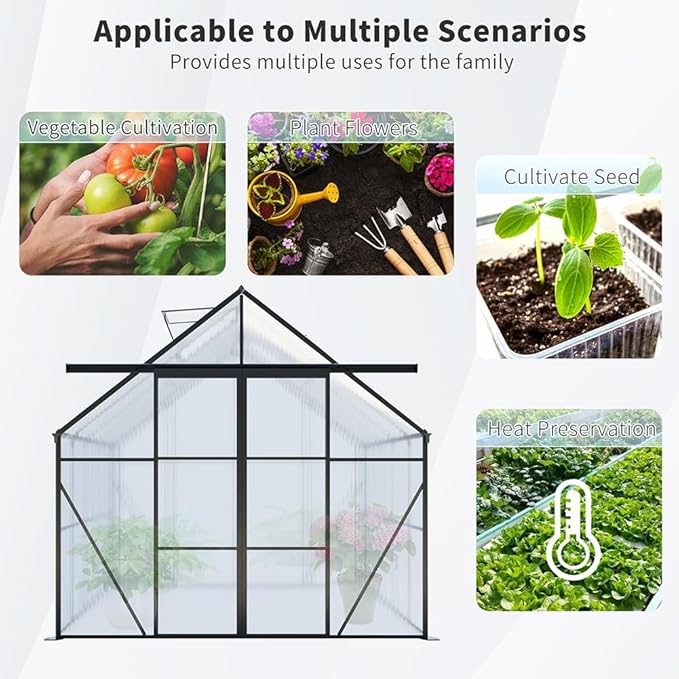 Double Sliding Door Polycarbonate Greenhouse with Rain Gutter and Roof Vent, Raised Base and Anchor Aluminum Heavy Duty Walk-in Green House, Outdoor Patio Sunroom (Black, 73.75*94.5*89.5in)