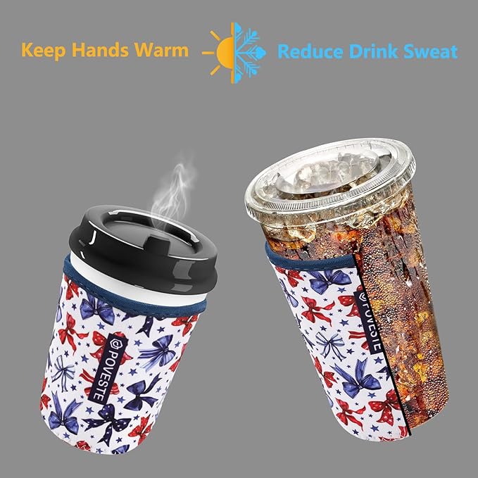 Reusable Neoprene Insulator Sleeve for Iced Coffee & Cold Soda, Coffee Sleeves for Iced & Hot Drinks, Cold Beverage Cooler Compatible with Starbucks, Dunkin (Bow&Patriot, Small: 16-18oz)