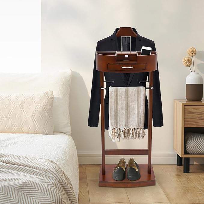 Wood Suit Rack, Valet Stand for Men - 22.05lbs Capacity Clothes Valet, Wood Mens Valet Stand with Drawer/Trouser Holder/Tie Hooks, Clothing Valet Stand for Bedroom/Living Room/Foyer