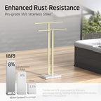 KES Standing Towel Rack with Marble Base, 2-Tier Towel Stand for Bathroom Floor, Upgrade Steady Design, T-Shaped Towel Drying Rack Gold, SUS304 Stainless Steel, Brushed Gold Finish, BTH217-BZ