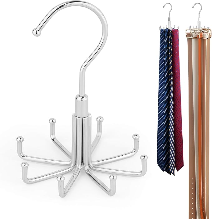 ZEDODIER Tie Hanger for Closet, Rotatable Tie Organizer for Men with 8 Hooks, Heavy Duty Space Saving Tie Rack for Ties and Belts, Silver