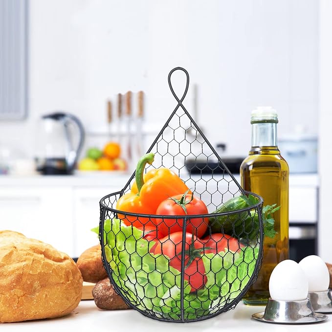 ERYTLLY Metal Fruit And Vegetable Storage Hanging Basket Wall Mounted, For Kitchen Black Wire Baskets for Flowers, Fruits and Veggies, - Set of 2