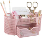 BLU MONACO | Pink Desk Organizers Metal Mesh Stationery Holder | Wire Mesh Desk Organizer with Compartments | Desk File Folder Organizer for Office Accessories
