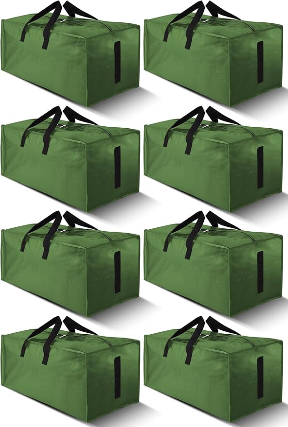 8 Pack Large Strong Moving Bags with Zippers & Carrying Handles - Water-Resistant - Heavy Duty Storage Tote for Space Saving, Fold Flat, Alternative to Moving Box (Olive Green)