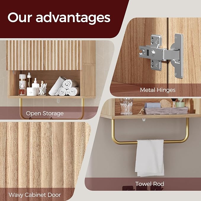 Bathroom Wall Cabinet, Wall Mounted Medicine Cabinets with Towel Bar & Adjustable Shelf, Over The Toilet Space Saver Storage Cabinet with 2 Doors, for Bathroom Laundry Room Kitchen, Natural