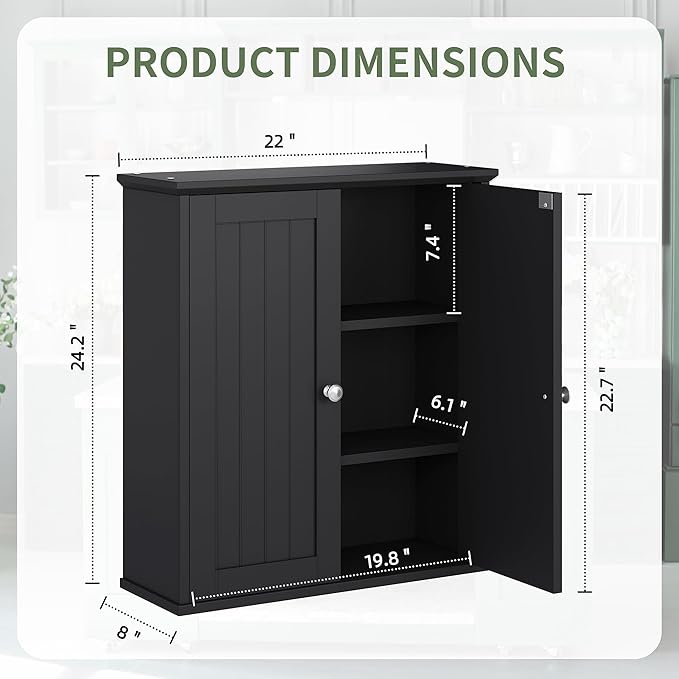 Meilocar Bathroom Wall Cabinet, Bathroom Cabinet Wall Mount, Over Toilet Space Saver Storage Cabinet, Wood Medicine Cabinets, Black