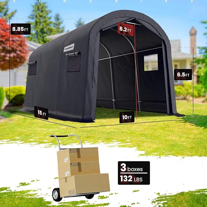 KING BIRD 10' x 15' Round Style Garage Shelter Heavy Duty Storage Shelter Carport Portable Canopy Shed with Roll-up Ventilated Windows for Boat, Patio Furniture and Lawn Mower-Dark Gray