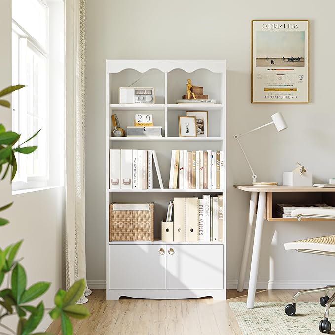 CABIHOME 63" Tall Bookshelf with Cabinet, 5-Tier Wood Bookcase with Wave Top, 6 Cubes & 2 Door Cabinets, Modern Display Storage Shelves with Gold Handles for Living Room, Bedroom & Home Office, White