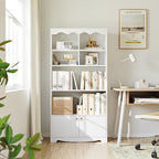 CABIHOME 63" Tall Bookshelf with Cabinet, 5-Tier Wood Bookcase with Wave Top, 6 Cubes & 2 Door Cabinets, Modern Display Storage Shelves with Gold Handles for Living Room, Bedroom & Home Office, White