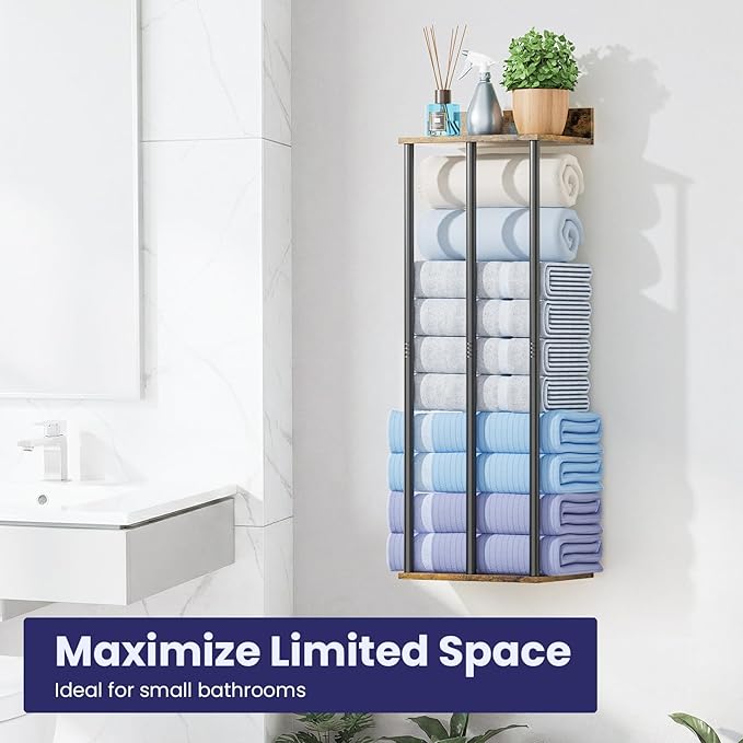 Towel Rack with Shelf – Modern Towel Holder for Bathroom Wall Mounted, Holds 6 Large Bath Towels, Rolled Towel Organizer for Bathroom, Laundry Room, and Small Space Storage，Vintage Color