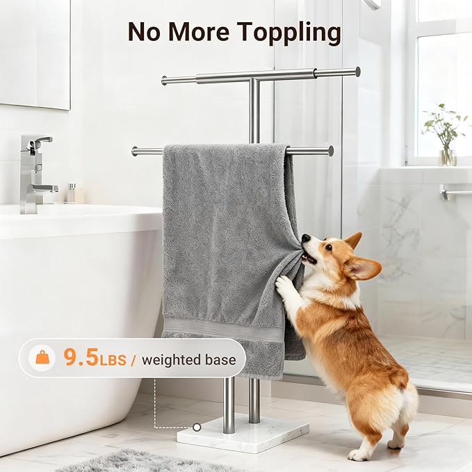 ELYKEN Standing Towel Racks for Bathroom, 2-Tier Floor Towel Holder Stand with Weighted Marble Base, Freestanding Bath Towel Rack, Width Adjustable & Stainless Steel Brushed Finish