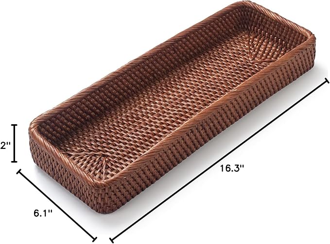 Rattan Bathroom Vanity Trays Toilet Tank Baskets Long Narrow Hand Towel Storage Basket for Storage, Decorative (Honey Brown 16.3 x 6.1 x 2 inch)