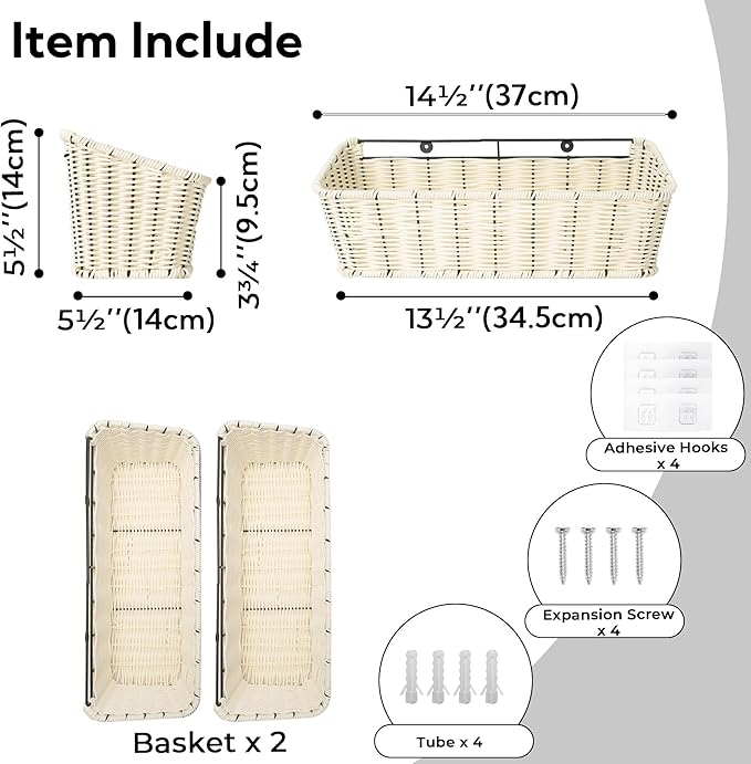 GRANNY SAYS Wicker Hanging Basket, 2 Pack Storage Baskets for Organizing, Adhesive Wall Mount Fruit Basket, Kitchen Organization Hanging Shelves, Storage Cabinet Door Organizer, Off White