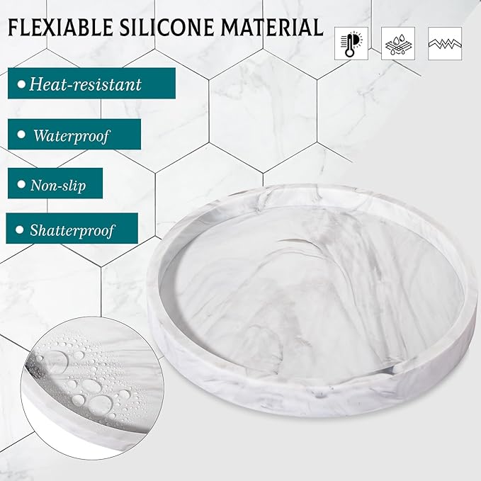 Silicone Bathroom Tray Round Vanity Tray Decorative Soap Holder Kitchen Countertop Organizer Coffee Table Decor for Candle, Perfume, Plant, 10 Inch, Marble Grey