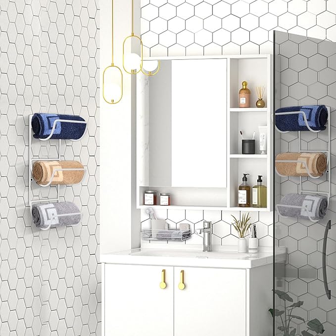 NearMoon Towel Rack Wall Mounted- All Metal Bathroom 2 Towel Rack Holders+ Hand Towel Storage Basket, Rustproof 3 Level Wine Rack Organizer for Hand Towels, Washcloths, 2+1 Pack (White)