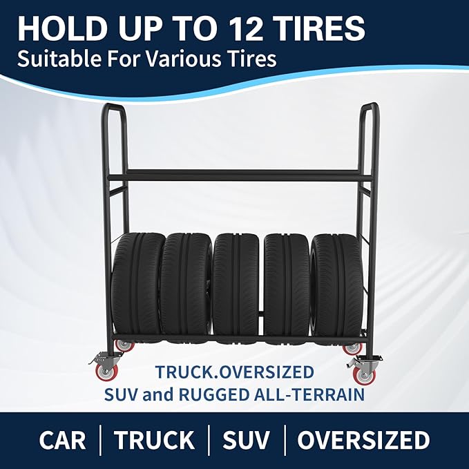 TONGMO Tire Storage Rack with Protective Cover - Adjustable Metal Tire Rack for Indoor/Outdoor Use - 58" H x 55.5" W x 17.5" D (55in)