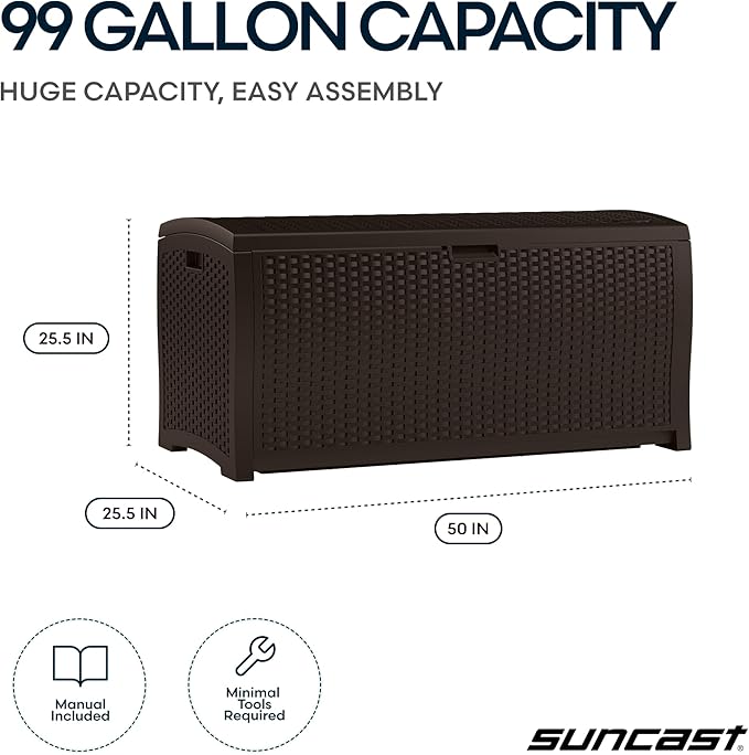 Suncast DBW9200 99 Gallon Outdoor Wicker resin Patio Storage Chest Bin with Handles for Patio, Garden, Garage, or Pool for All Weather, Mocha