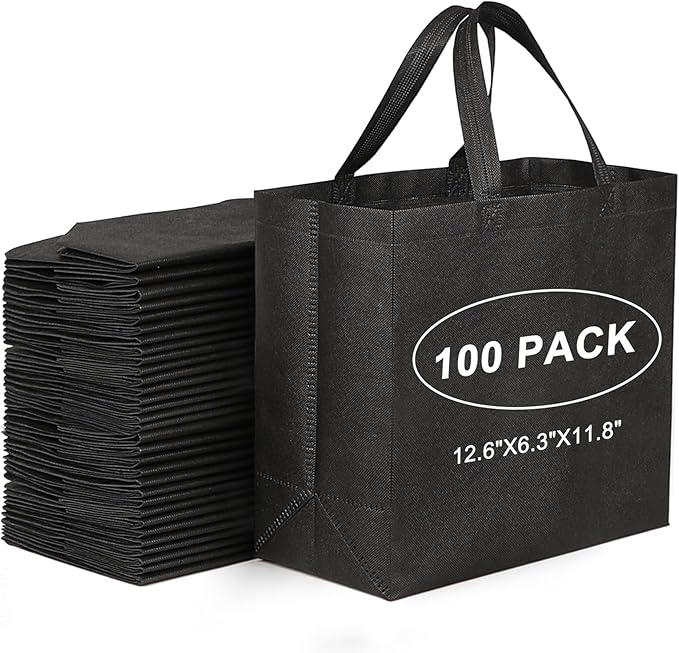 JERIA Black Reusable Totes Bag with Reinforced Handles Non Woven Bulk Shopping Bags