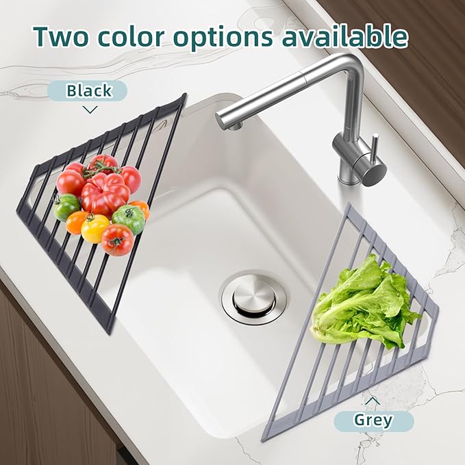 Ohuhu Triangle Roll Up Dish Drying Rack, Anti-Slip Organizer for Kitchen Sink Drying Rack with Full Silicone Wrapped for Top of Sink Coner Grey