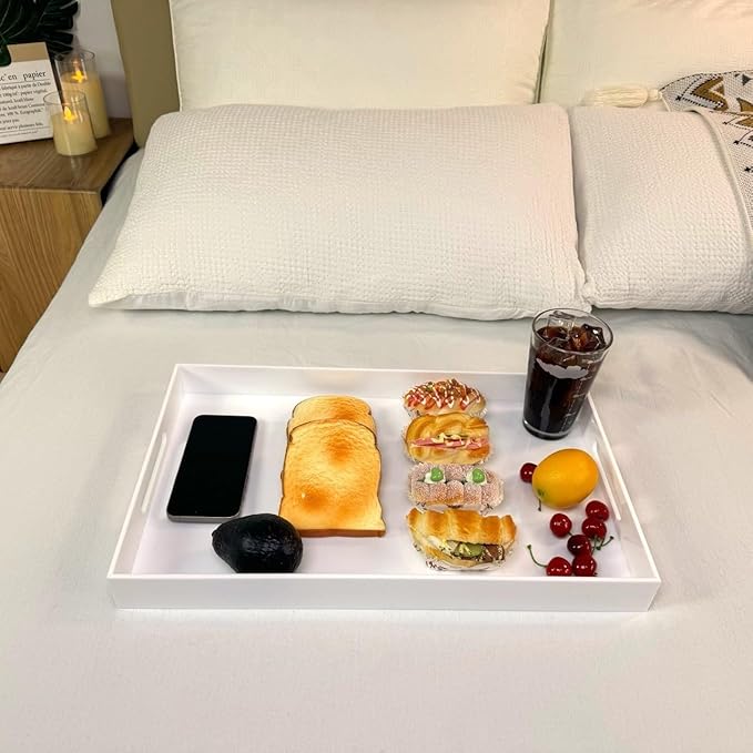 Glossy White Sturdy Acrylic Serving Tray with Handles-12x20 Inch-Serving Coffee Appetizer Breakfast-Kitchen Countertop Makeup Drawer Organizer-Vanity Table Ottoman Decorative Tray