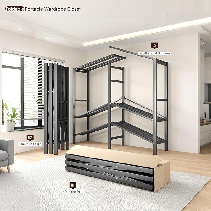 Heavy Duty Portable Closet with Cover Magnetic Doors, Metal Rolling Clothes Rack Heavy Duty 1500LBS, Foldable Clothing Rack, Garment Racks for Bedroom/ LivingRoom/ Rental (KT Woodgrain Black, 59.05in)