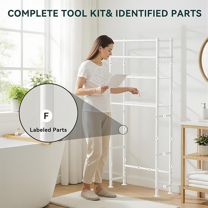4-Tier Over The Toilet Storage, 200lb Total Capacity Metal Bathroom Organizer with 36" Clearance, Includes Paper Holder & 4 Hooks, Space Saving Rack for Bathroom Laundry Room (64" H, White)