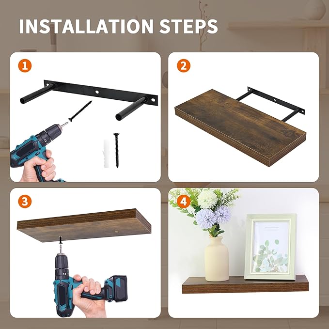 Floating Shelves for Wall, Wall Mounted Rustic Wood Shelves for Bathroom, Bedroom, Living Room, Kitchen, Hanging Shelf for Books/Storage/Room (Brown Wood Grain, 23.6")