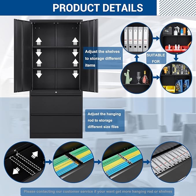 Metal Cabinets with Lockable Drawers and Doors Lateral File Cabinets Steel Filing Lockers Book Case for Home Office Hanging Files Letter/Legal/F4/A4 Size