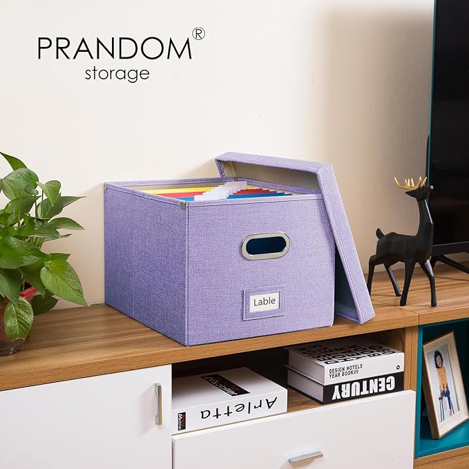 PRANDOM File Organizer Box - Set of 2 Collapsible Decorative Linen Filing Storage Hanging File Folders with Lids Office Cabinet Letter/Legal Size Purple (17x14x11.2 inch)