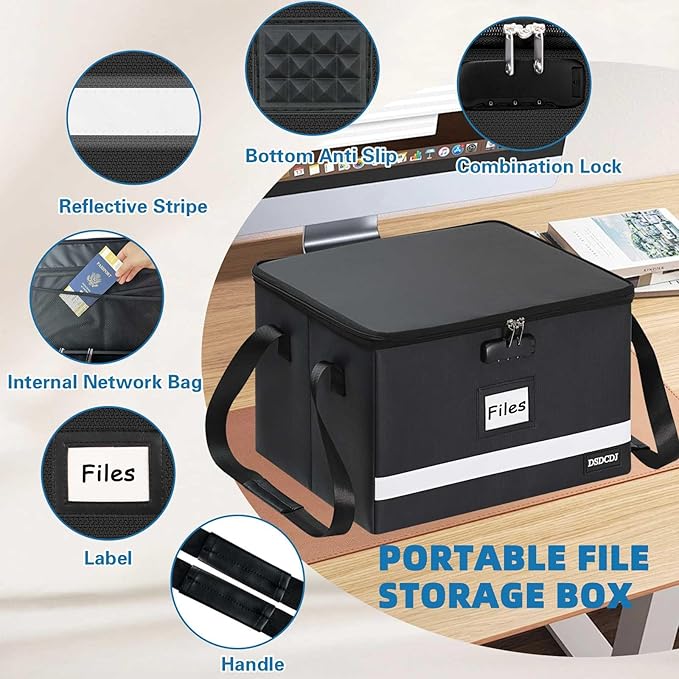 Fireproof File Box with Lock, Upgraded Fireproof Document Box with Reflective Strip, Portable File Organizer Filing Cabinet with Handle for Hanging Letter/Legal Folder, 15.5" x 12.3" x 10.5"