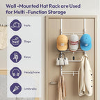 SWTYMIKI Over Door Hat Organizer - 3 Tier Metal Adjustable Wall Mounted Hat Rack with 9 Hooks Design, Hanging Baseball Cap Organizer Storage Holds up to 27 Caps for Door, Bedroom, Closet