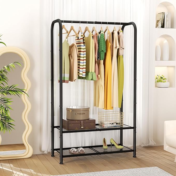 SINGAYE Coat Clothes Storage Organizer Garmen Rack Portable Closet Clothing Racks for Hanging Clothes Heavy Duty Freestanding Wardrobe Laundry with Shelves Black 11.5" D x 32" W x 72" H