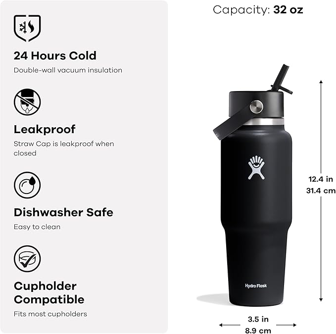 Hydro Flask Travel Water Bottle - Insulated Stainless Steel - Wide Straw Lid, Non Spill, Leakproof in 32 Oz Sandpiper