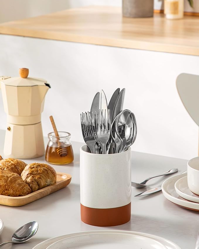 MALACASA Utensil Holder, 5.5" Ceramic Kitchen Utensil Holder for Countertop, Cooking Utensil Crock for Kitchen Counter, Farmhouse Utensil Organizer for Spatula & Spoon, Khaki White, Series TARA