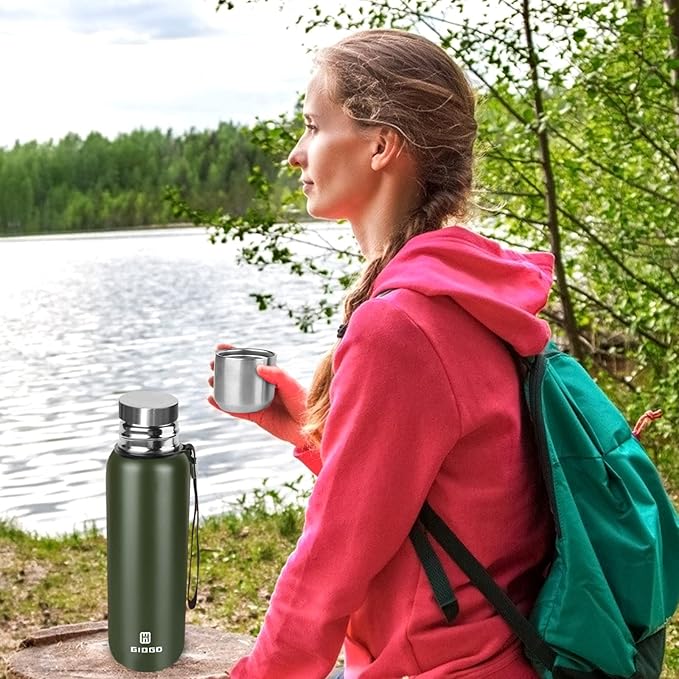 Insulated vacuum Thermo Bottle 1500ml/50.7oz with cup Stainless steel coffee bottles for hot and cold drink water flask.(Green,1500ml)