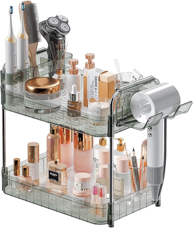 Bathroom Counter Organizer, 2 Tier Makeup Skincare Storage Tray with Hair Dryer Holder and Toothbrush Rack, Perfume Organizer Vanity Shelf for Countertop, Dresser (Transparency Green)