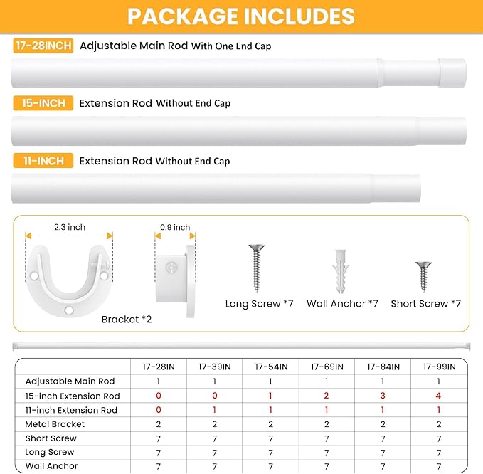Closet Rods for Hanging Clothes, 17-54 Inch No-Cut Stepless Adjustable Closet Rod, 1.3 Inch Heavy Duty Metal Closet Hanging Rod with Brackets, White Closet Bar for Closet, Laundry Room, RV, Wardrobes